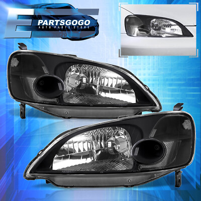 #ad For 01 03 Honda Civic 2 4DR JDM Headlights Lamps Pairs Left Right Black Clear