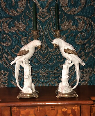 #ad White Macaw Bird Candle Holder Pair Ceramic And Brass