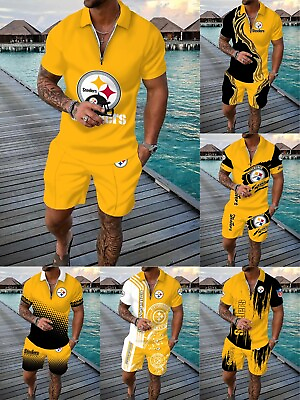 #ad Steelers Pittsburgh Mens 2PCS Tracksuit Zipper Short sleeve Shirt Beach Shorts