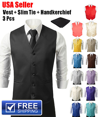 #ad SET Vest Tie Hankie Fashion Men#x27;s Formal Dress Suit Slim Tuxedo Waistcoat Coat