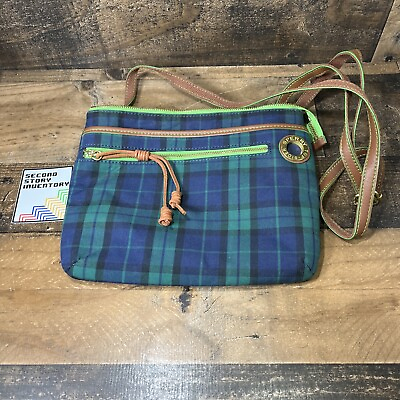 #ad SPERRY Top Sider Plaid Blue navy Green Check Purse Cotton Blend Leather hardware