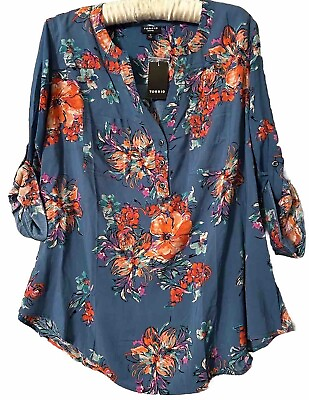 #ad Torrid Harper Top L New Floral 3 4 Sleeve Challis Flowy Button Up Blouse $45 NWT