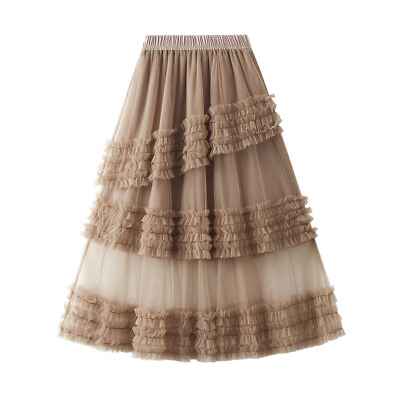#ad Lady Mesh Layer Skirt Tutu Tulle Midi Ruffle Tiered High Waist A Line Casual
