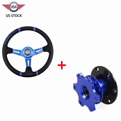#ad Blue 350mm Deep Dished Racing Aluminum Steering Wheel amp; Quick Release Hub Kit
