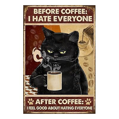 #ad Retro Tin Sign Metal Poster Vintage Wall Decor Black Cat Coffee Funny Decorat...