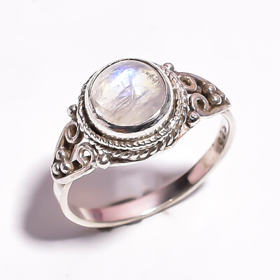 #ad Silver ring Natural Rainbow Moonstone Round White Color925 Sterling Silver Ring