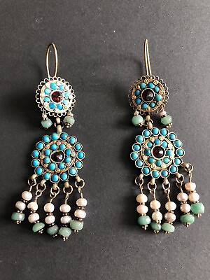 #ad Central Asian Silver Chandelier Earrings w Turquoise Pearl Jade Ruby Stones