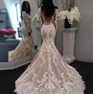 #ad Elegant White Illusion Long Sleeves Lace Mermaid Wedding Dresses Tulle Appliques