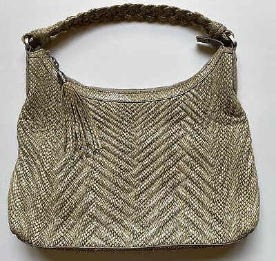 #ad Cole Haan Snakeskin Embossed Leather Tote Handbag Tassel Braided Handle