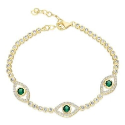#ad 6CT Round Lab Created Emerald Diamond Womens Eye Bracelet 14K Yellow Gold Plated