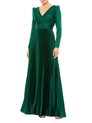 #ad Ieena Mac Duggal Emerald Green Pleated Long Sleeve Satin A Line Gown Sz 10 $458
