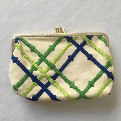 #ad Vintage Double Frame and Double Clasp Coin Purse. Embroidered Cream Green amp; Blue
