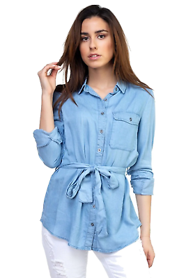 #ad Women#x27;s Shirt Button up Tencel Light Wash Denim Long Sleeved Tunic Top
