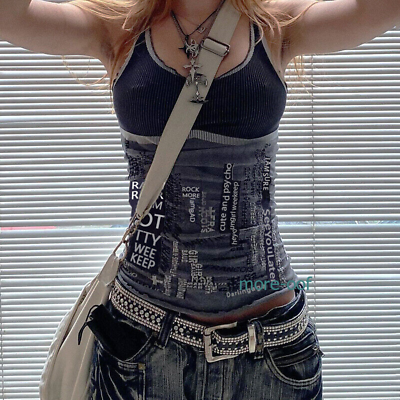 #ad Gothic Punk Women Y2K Printed Tank Tops Girls Grunge Mini Vest Slim Fit T Shirt