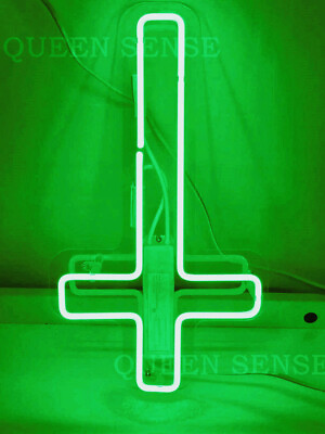 #ad 14quot;x6quot; Upside Jesus Cross Green Neon Sign Acrylic Light Lamp Artwork Gift ZS1607