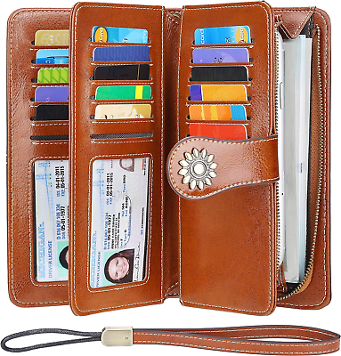 #ad Womens Large Capacity Genuine Leather RFID Blocking Wallets Wristlet Clutch Car