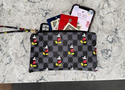 #ad Black Mickey Mouse Clutch Wristlet Wallet Phone Cash ID Cards Keys