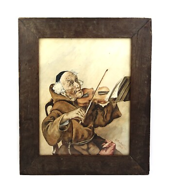 #ad Antique 1907 Watercolor Painting Portrait Monk Playing Violin Violinist Signed