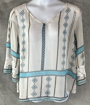 #ad Fig and Flower Women’s XL White Blue Chiffon Blouse 3 4 Sleeves Geometric Tribal