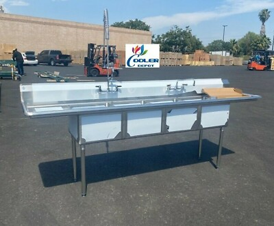 #ad NEW 108quot; Stainless Steel Sink 4 Compartment Commercial Kitchen w Faucets NSF