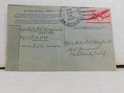 #ad WWII Blue Envelope Mail APO 872 England Air Mail 1944 Cover 6 cent stamp