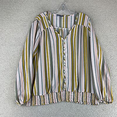 #ad Apt. 9 Button Front Blouse Womens Plus 2XL Long Sleeve Multi Striped Smocked Hem