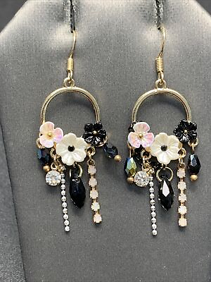 #ad BoHo bohemian Clear Rhinestone Flower Black Drop Dangle Pierced Earrings 2”