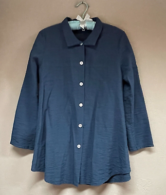 #ad Christopher Calvin Womens Blue Textured Button Down Shirt Top Small Long Sleeve