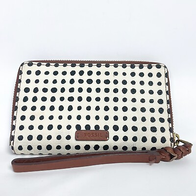 Fossil Clutch Wallet Wristlet Black White and Black Polka Dot Small Smartphone