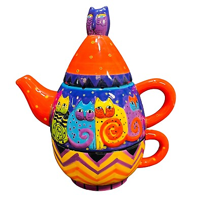 #ad Laurel Burch Ganz Tea For One Stacked Cats Teapot Cup amp; Lid with Cat Finial READ