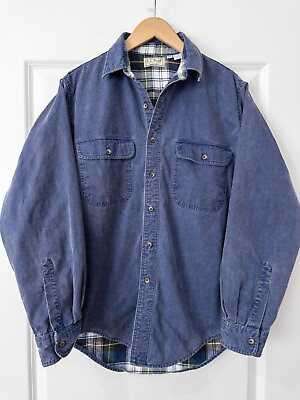 #ad VTG LL Bean Denim Shirt Plaid Flannel Lined Button Jacket USA Cotton Size Medium