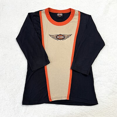 #ad Vintage Y2K Harley Davidson T Shirt Womens Medium Wings Logo Made USA 3 4 Sleeve