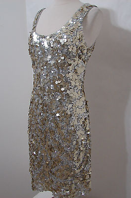 ADRIANNA PAPELL Dress Evening Gray Gold Sequin Sleeveless Beaded Mini Stretch 12 $249.99