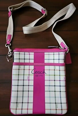 #ad COACH Heritage Tattersall Multi Fuchsia Plaid PVC Crossbody Swingpack Handbag