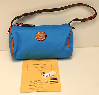 #ad Dooney amp; Bourke Blue Turquoise Canvas Brown Leather Trim Small Barrel Handbag