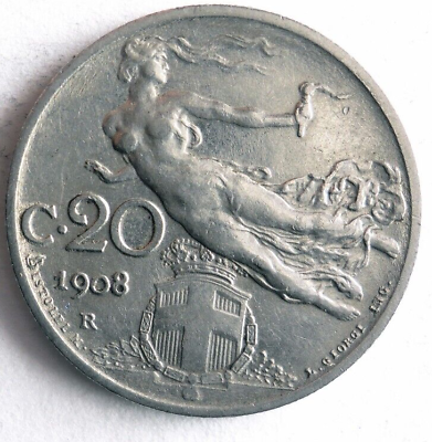#ad 1908 ITALY 20 CENTESIMI Flying Victory Great Coin FREE SHIP Italy Bin #B