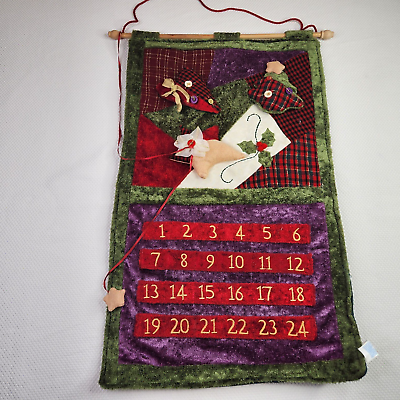 #ad Vintage 90s Christmas Advent Wall Hanging Calendar Plaid Green Purple Red Velvet