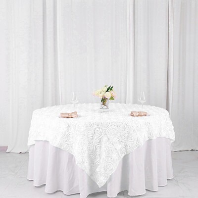 #ad 72x72quot; White SATIN Raised Roses TABLE OVERLAYS Unique Wedding Party Toppers