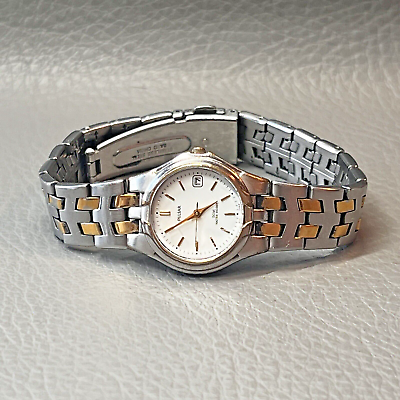 #ad Pulsar Watch Women Two Tone Silver Gold White Round 25mm Case Date