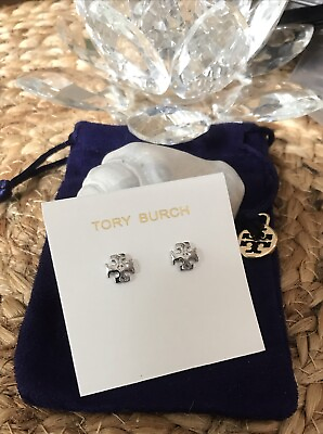 #ad 🆕 AUTHENTIC TORY BURCH KIRA SILVER TONE SMALL STUD EARRINGS NEW ON CARD W POUCH