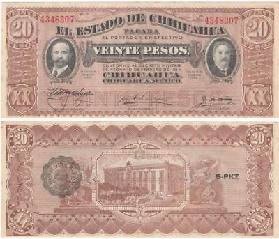 #ad ONE 1915 Mexico 20 Pesos EL ESTADO DE CHIHUAHUA Issue SERIE K UNCIRCULATED