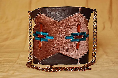 #ad Brown leather drawstring bag with velvet and beads Bucket bag Handmade bag
