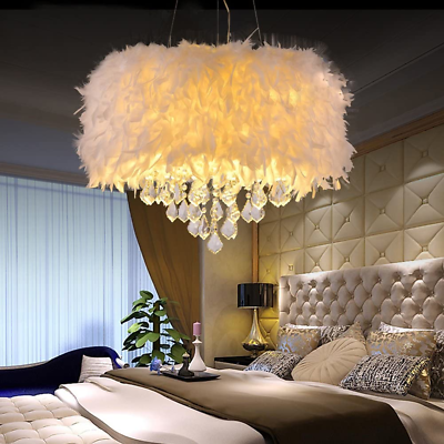 #ad Surpars House White Feather Crystal Chandelier 4 Light Pendant Light