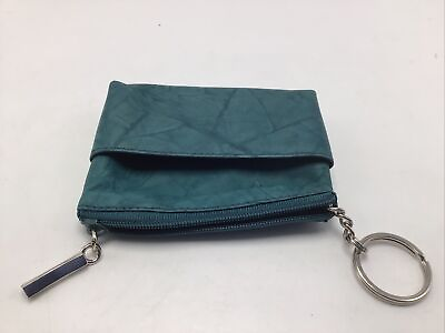 #ad Wallet Womens Teal Green Leather Compact Zipper Slip Pocket ID Card Key Ring