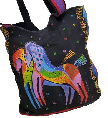 #ad Laurel Burch Rainbow Horses Canvas Shoulder Bag. Large Tote. Retired