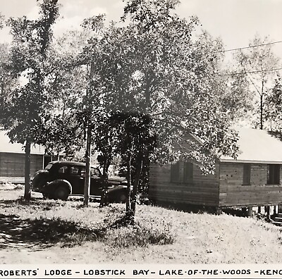 #ad Lobstick Bay Kenora Ontario RPPC Lake of the Woods Vintage Photo Roberts Lodge
