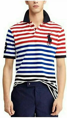 #ad POLO Ralph Lauren Mens Medium Mesh Striped Polo Shirt AMERICAN BIG PONY Patriot