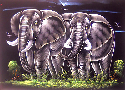 #ad Twin Elephant Painting on Velvet Cloth Best Price Home Decor India 20quot;x27quot;