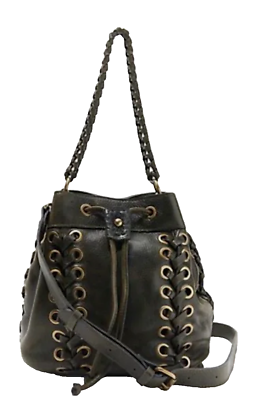 #ad Patricia Nash Martina Black Brown Leather Grommet Drawstring Bucket Shoulder Bag