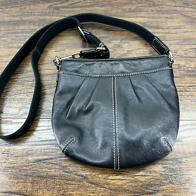 #ad Coach Crossbody Handbag Black Leather Small Pleated Zip Swingpack Bag